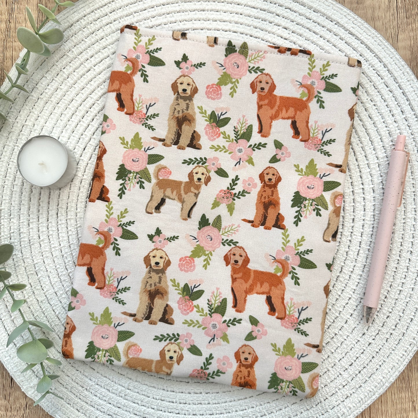 Floral and dog patterned cotton fabric sleeve for readers