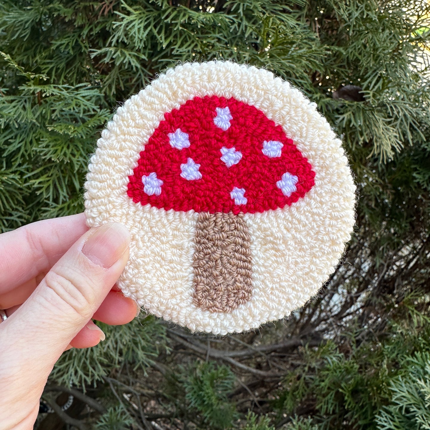 punch needle coaster mushroom