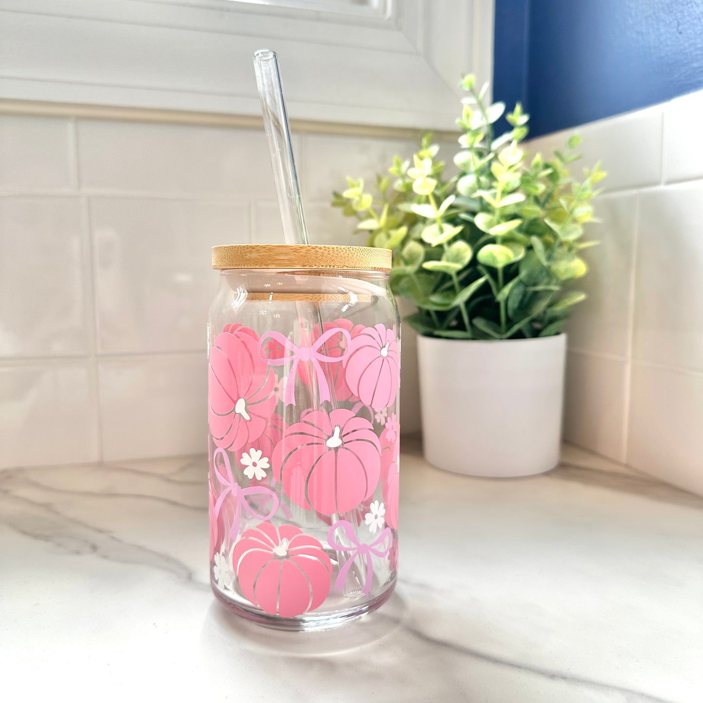 Pink Pumpkins and Bows Glass Cup