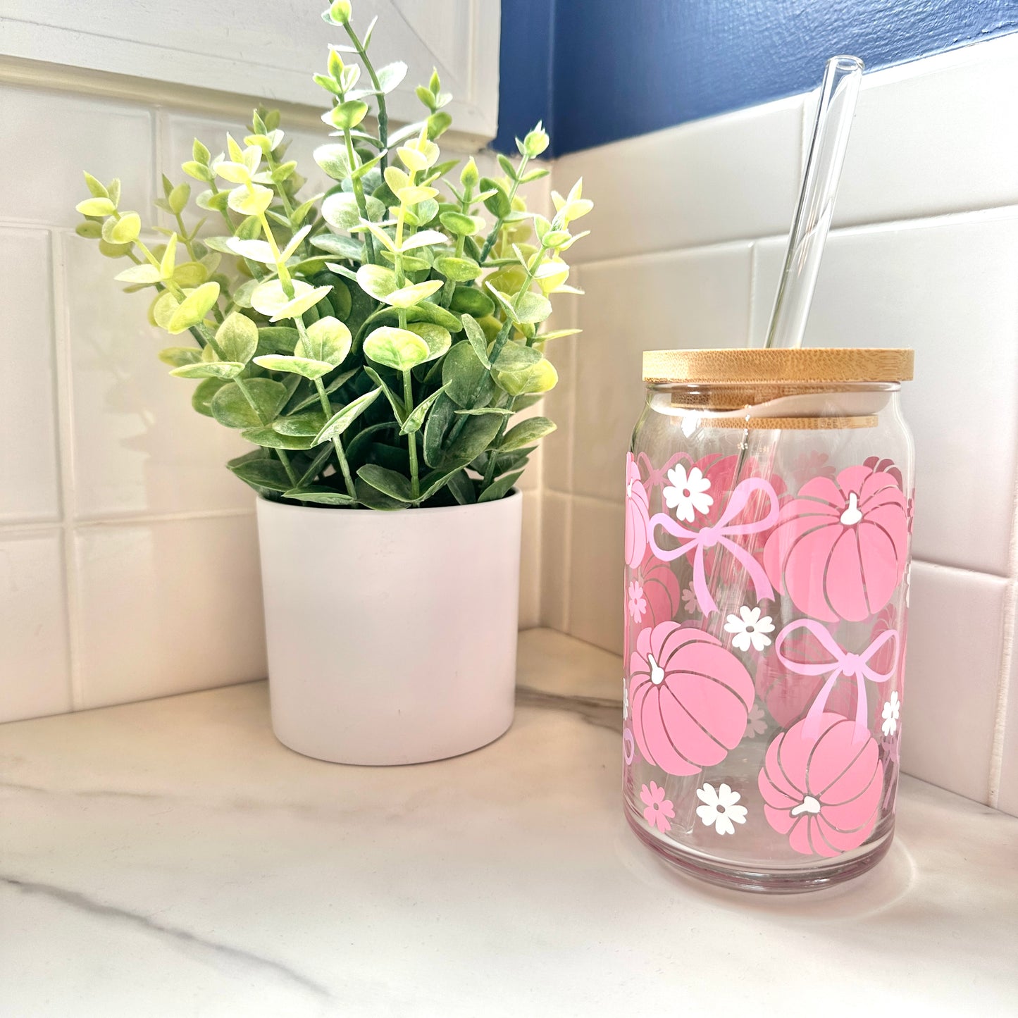 Pink Pumpkins and Bows Glass Cup