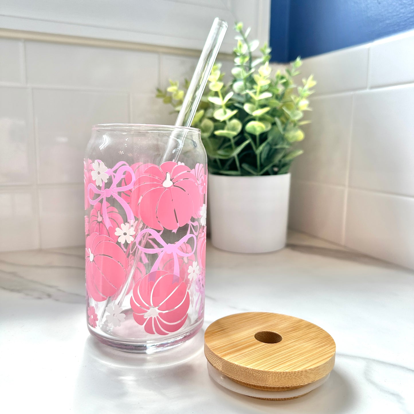 Pink Pumpkins and Bows Glass Cup