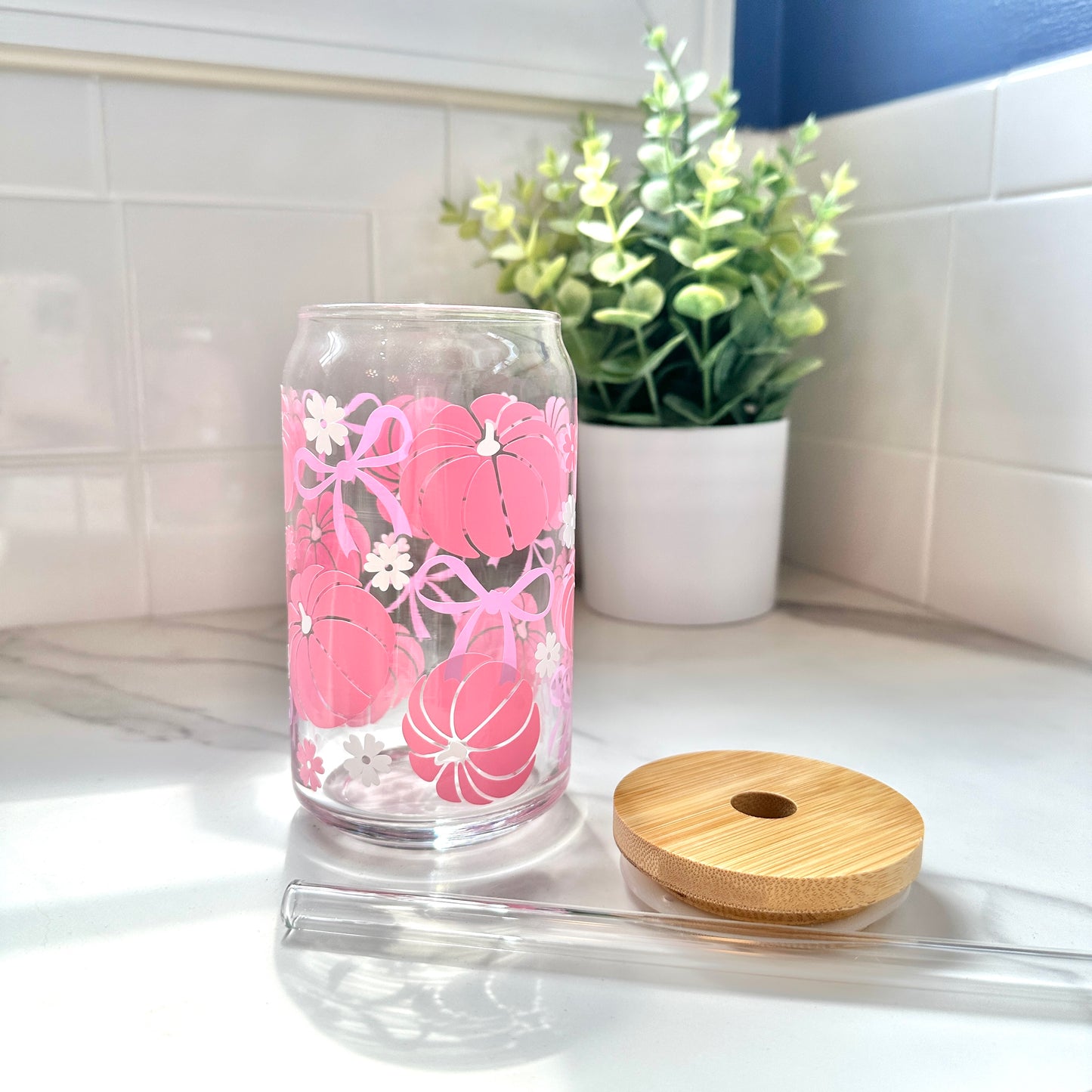 Pink Pumpkins and Bows Glass Cup