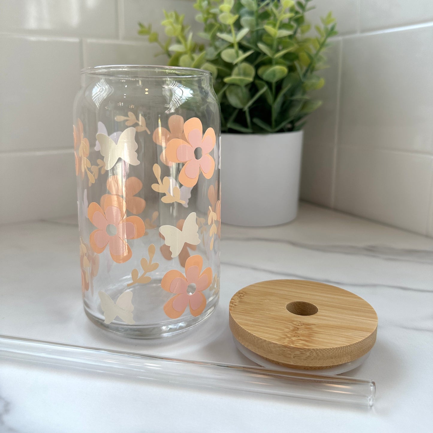 floral iced coffee glass cup with lid and straw