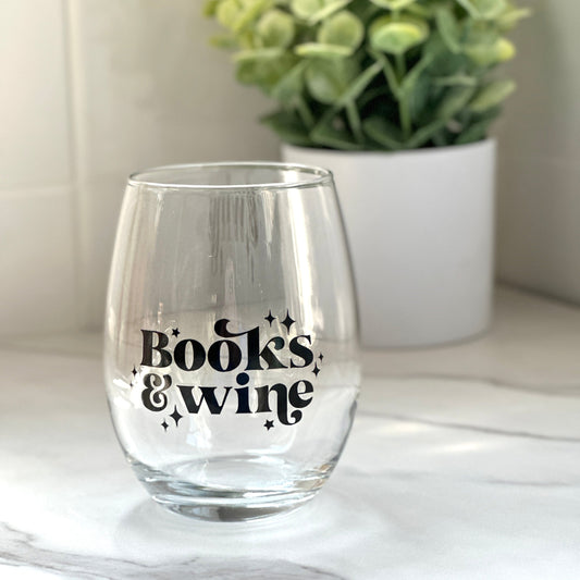 books and wine stemless wine glass