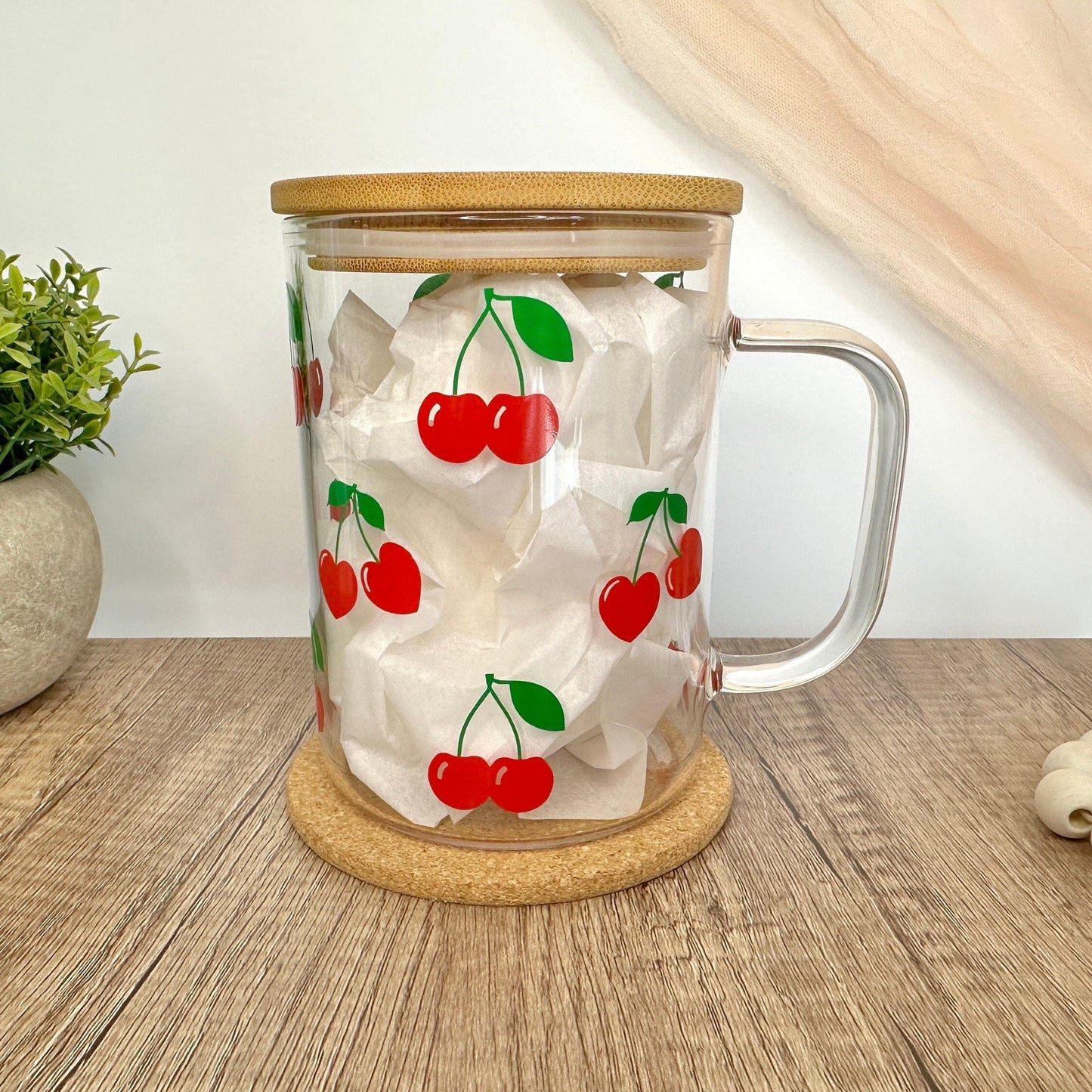 cherries glass mug with lid and straw