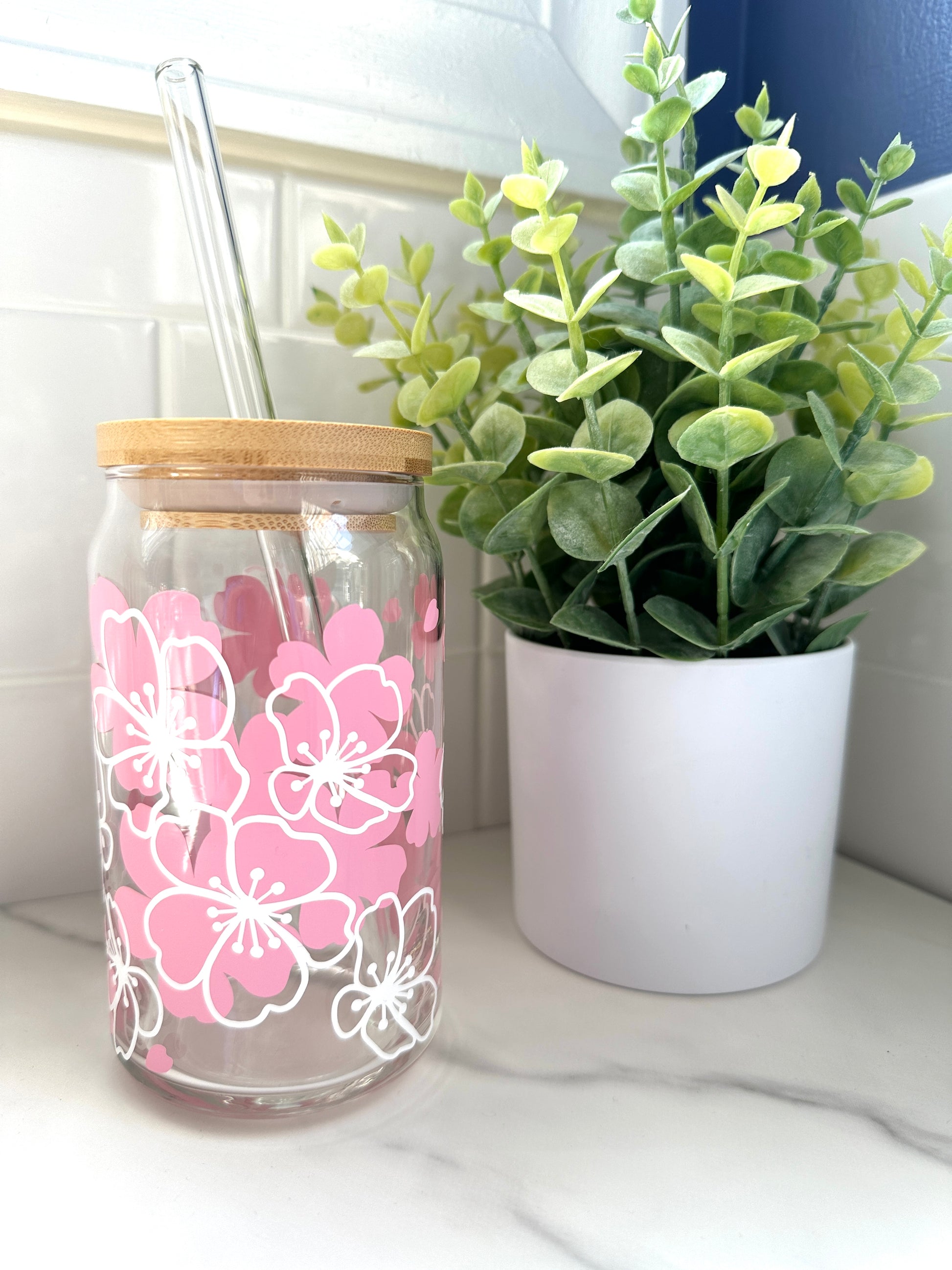 cherry blossom iced coffee cup with lid and straw