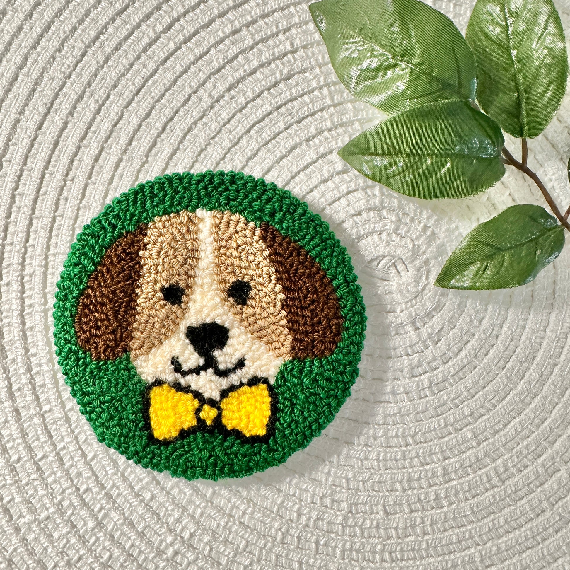 handmade dog coaster on placemat