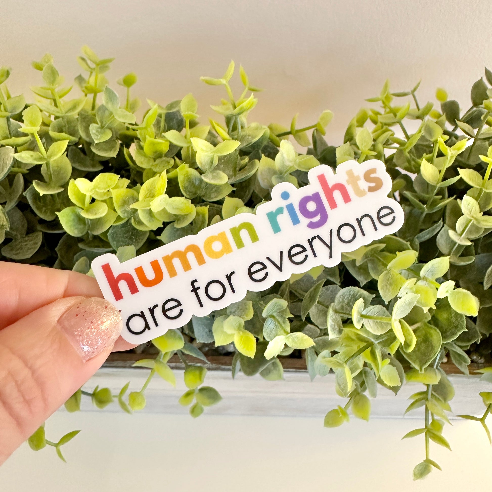 Hand holding a colorful 'human rights are for everyone' sticker in front of green leaves.