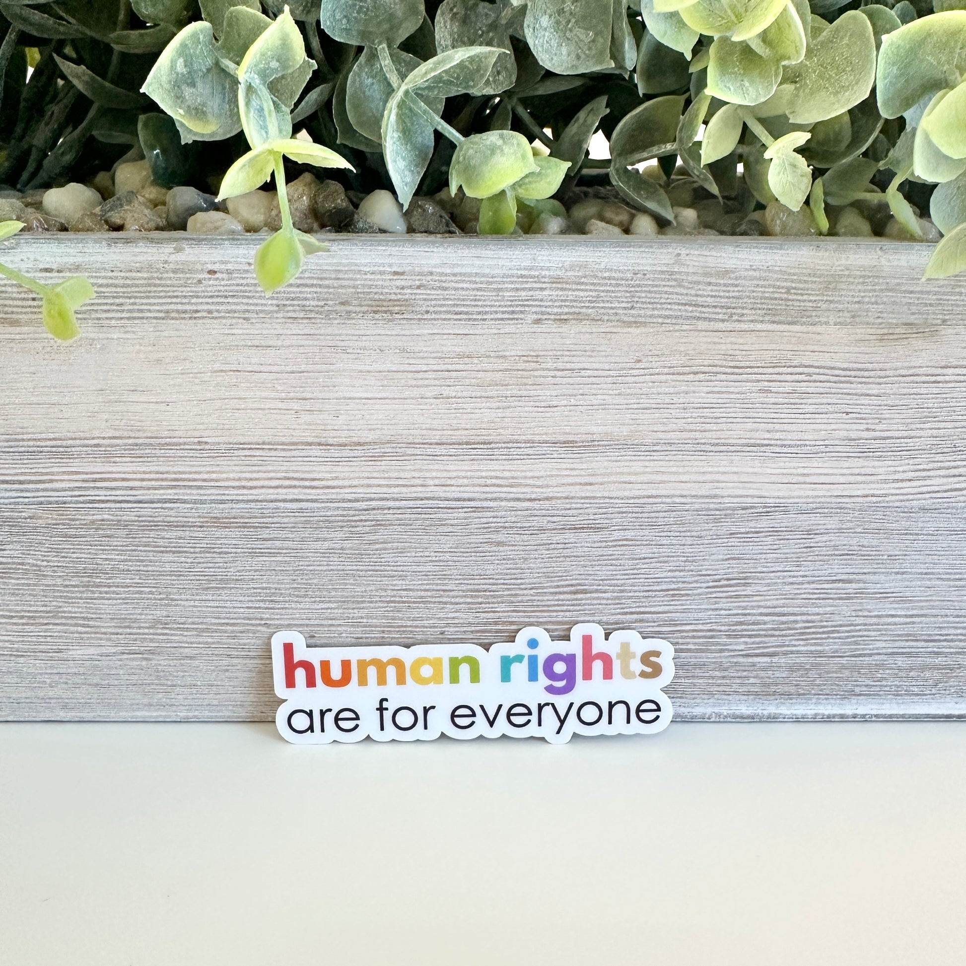 waterproof equality sticker on a wooden surface with greenery in the background