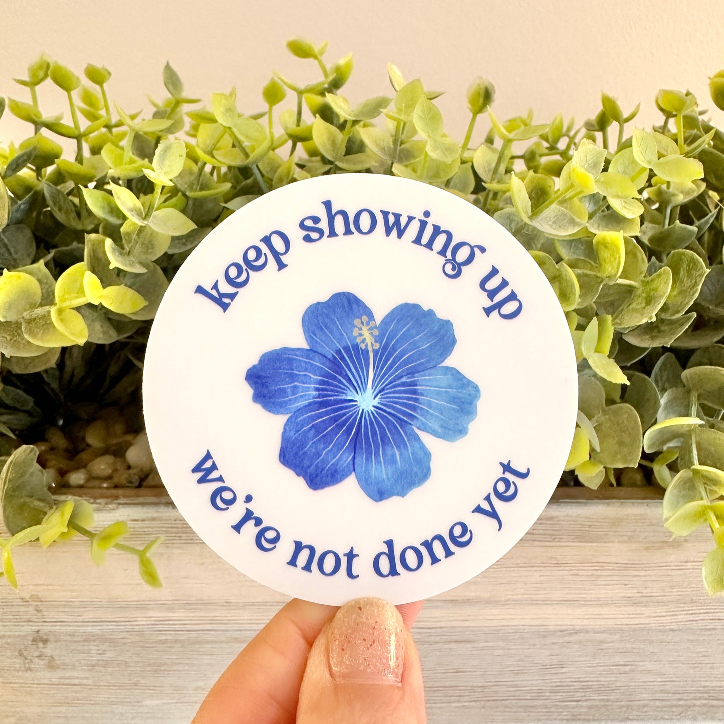 Circular sticker with blue flower and text 'keep showing up, we're not done yet' held in front of green foliage.