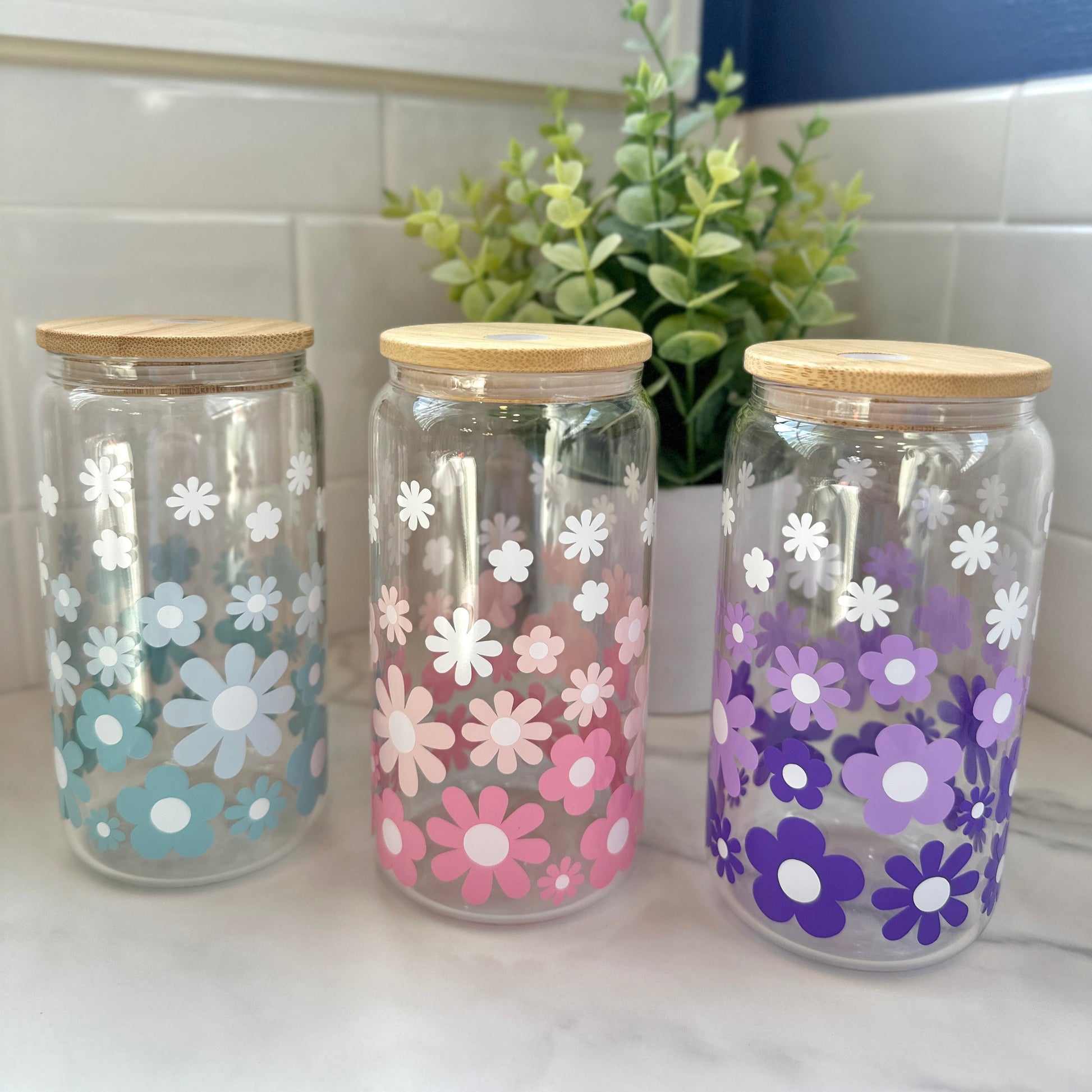 ombre flower glass cup with lid and straw