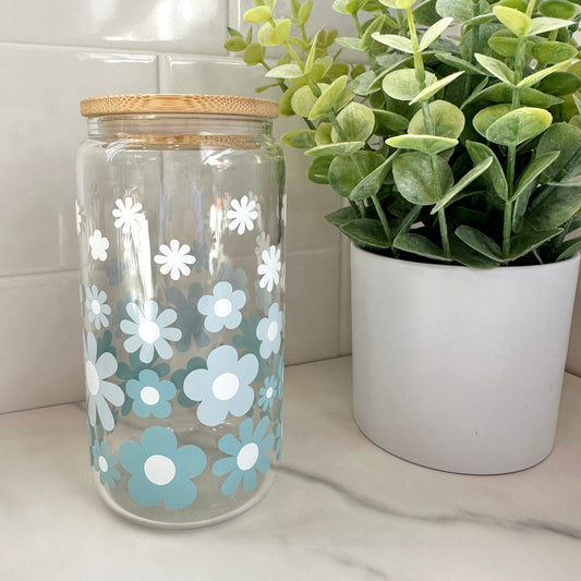 blue daisy iced coffee glass cup