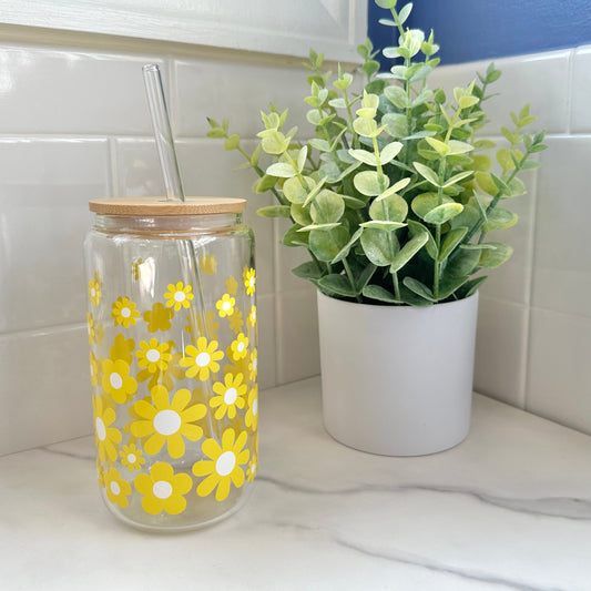 daisy glass cup with lid and straw